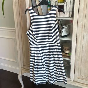 White and Navy striped A-line dress with Coral details